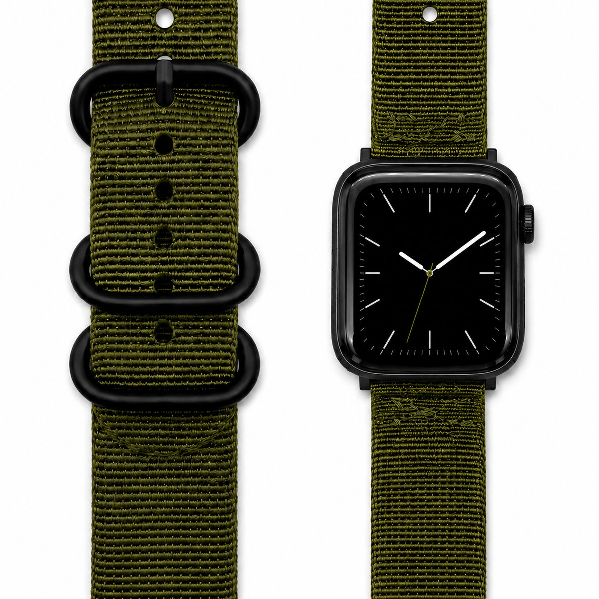 An olive green woven nylon watch strap with black metal hardware, shown both loose and attached to a black smartwatch on a plain white background.