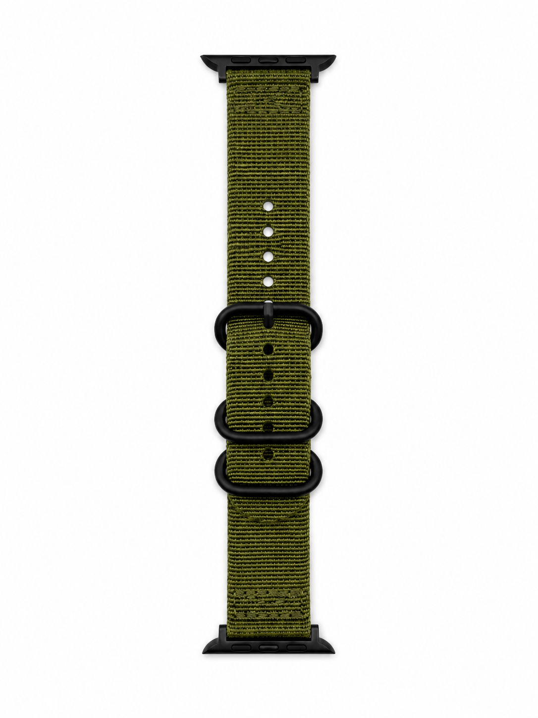An olive green nylon watch strap with black hardware, including a buckle, loops, and tips, shown vertically on a plain white background.