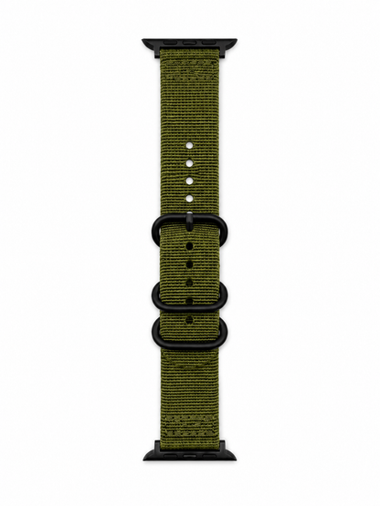 An olive green nylon watch strap with black hardware, including a buckle, loops, and tips, shown vertically on a plain white background.