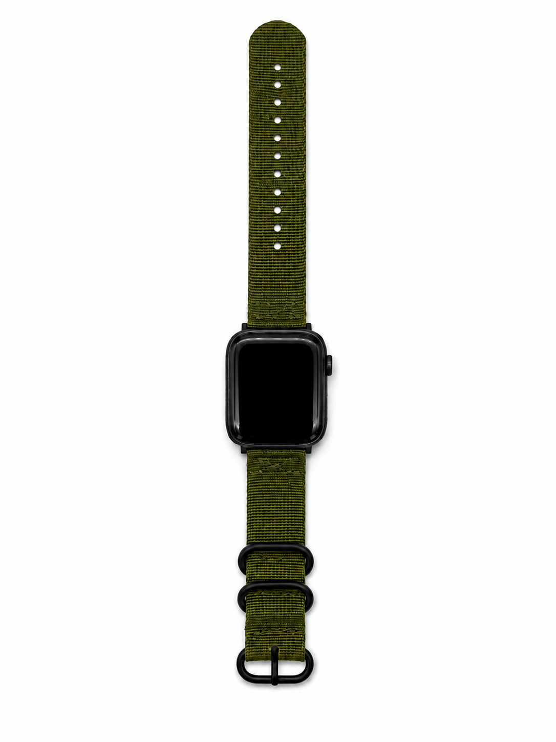 An olive green woven nylon watch band with black hardware, shown attached to a black smartwatch on a plain white background.