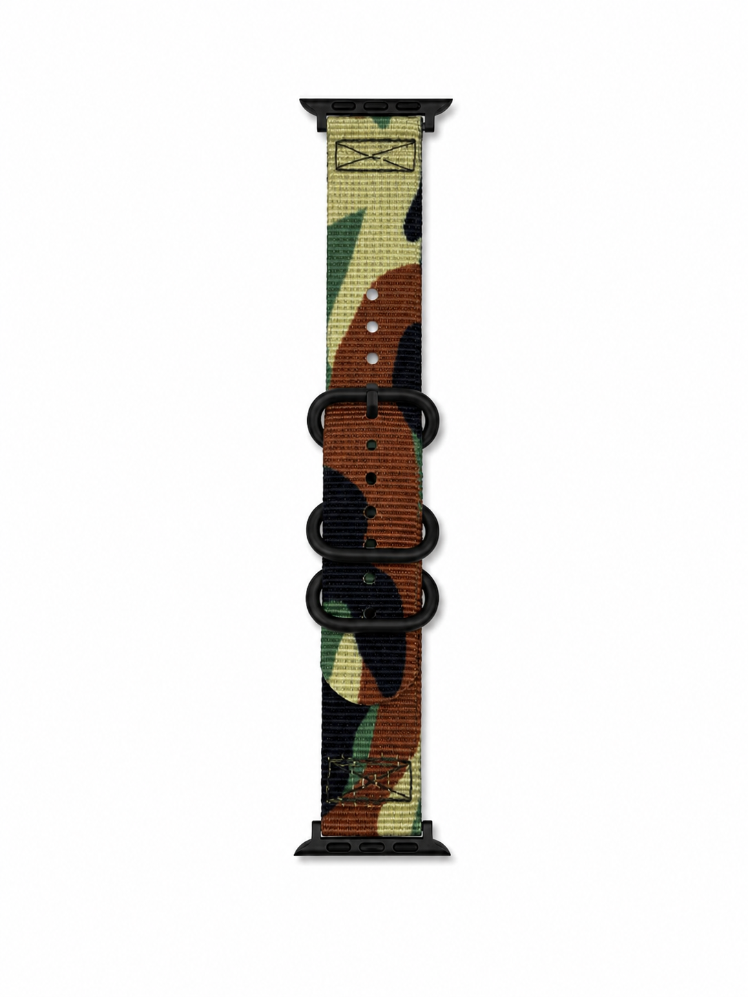 A tactical nylon watch strap featuring a woodland camouflage pattern in green, brown, black, and tan, with black metal hardware and a quick-release buckle system.
