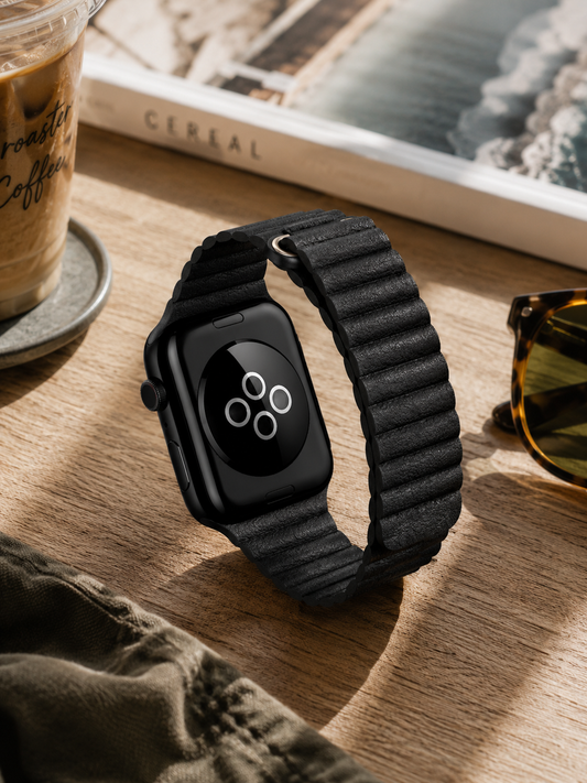 Black Leather Fold Back Strap for Apple Watch