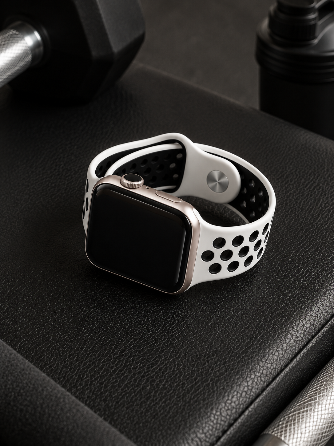 White and black sports silicone loop perforated strap for Apple watch