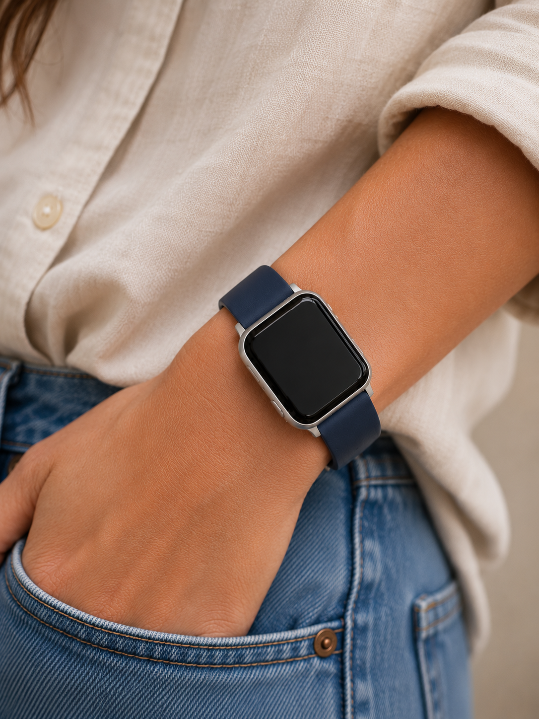 Blue leather strap for Apple Watch lifestyle image