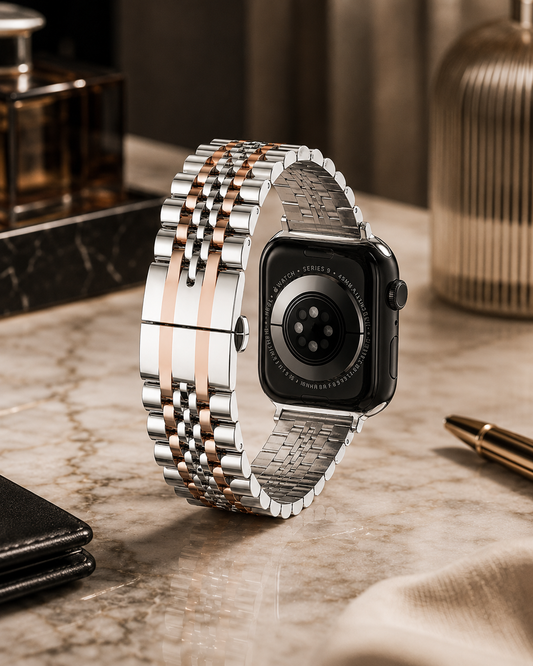 Silver Rose Gold Trim Heritage Link Strap for Apple Watch